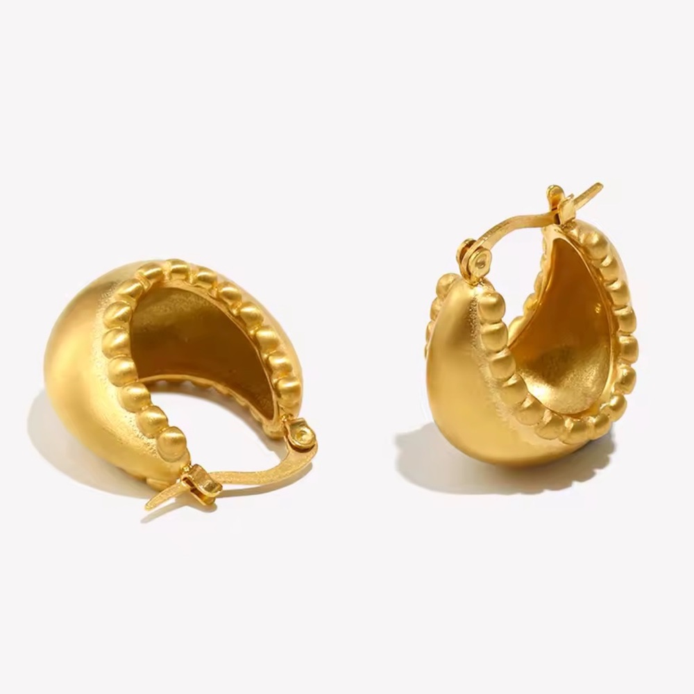 Basket Matte Golden Hoop Earrings 18 K Gold Stainless Steel - Picture 3 of 11